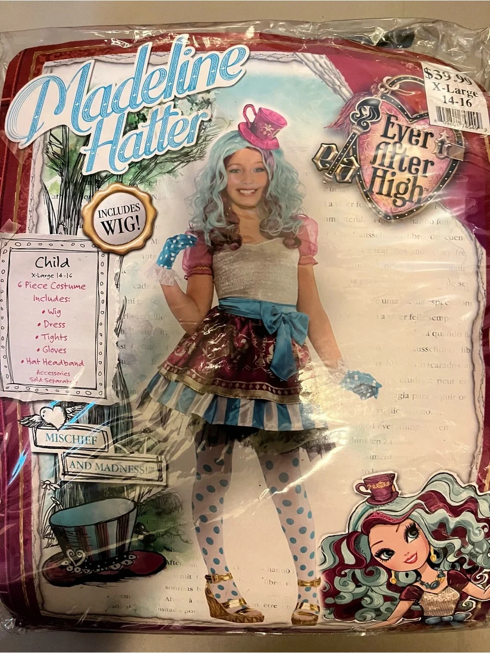 Ever After High Madeline Hatter Girls Costume size XL 14-16 - Blue, Pink & White